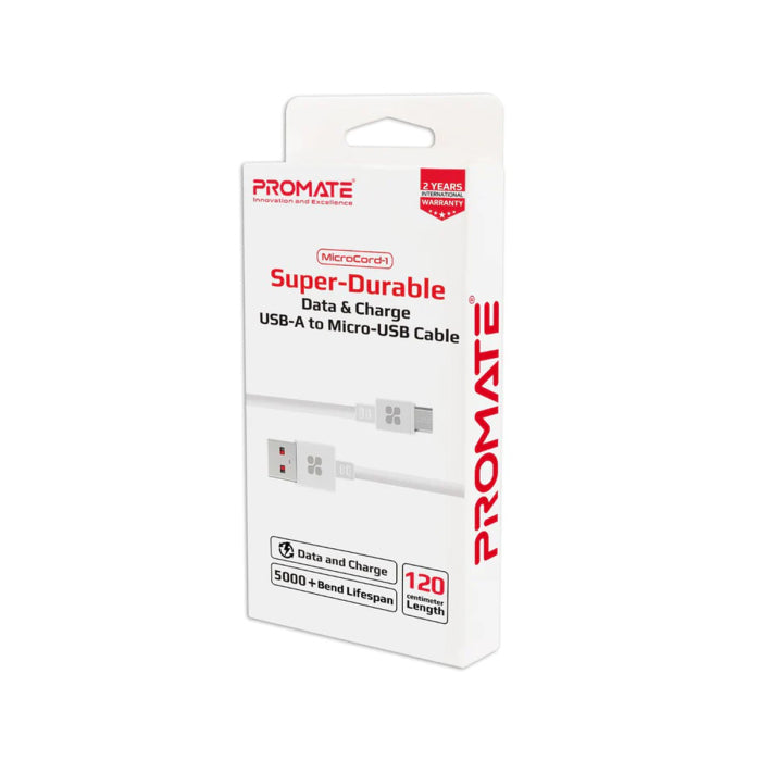 Promate MicroCord-1 Super-Durable Data & Charge USB-A to Micro-USB Cable - White