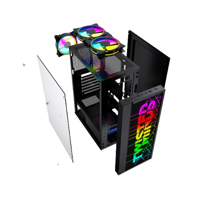 Twisted Minds Trinity-03 Mid Tower Plastic Front Panel & Left Side Tempered Glass Case with 3 RGB Fans - Black